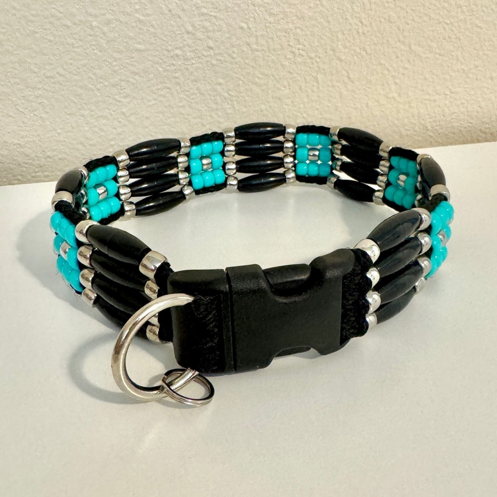 Black and Turquoise Beaded Handmade Dog Collar 19” - Medium